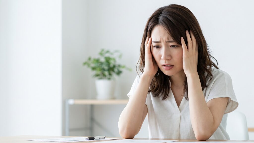 トラブルに巻き込まれ、頭を抱えて悩む女性のイメージ画像。