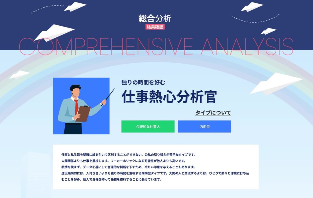 行動特性の総合タイプ名と説明文が表示された画面